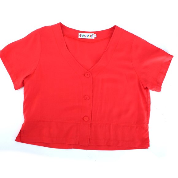 Jam's World Blush Crop Top Button Front Short Sleeve V-neck Rayon Made in USA S - Picture 5 of 11